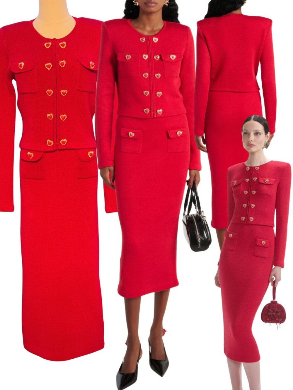 🆕 SELF-PORTRAIT 🧿 NWOT Red Knit Heart Buttoned Cardigan + Midi Skirt Set Sz M